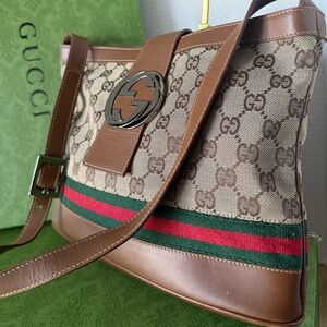 Gucci Beige and Brown Shoulder Bag with Red and Green Accents